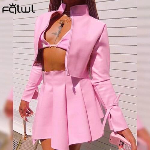 FQLWL Fall Streetwear PU Leather 2 Two Piece Sets Women Skirt Long Sleeve Hoodie Crop Top Zipper Skirts Fashion Matching Sets