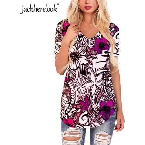 Jackherelook Women Tops Tee Casual Clothes Casual Polynesian Hawaii Flower Print V-neck Female Tshirt Plus Size Mujer Camisetas