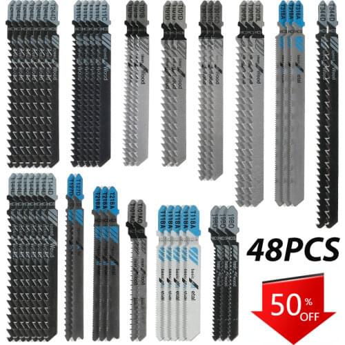 48pcs HSS Ground Teeth Straight Cutting T-Shank Jig Saw Blades Metal Steel Wood Assorted Saw Blades Woodworking Tools Cutting