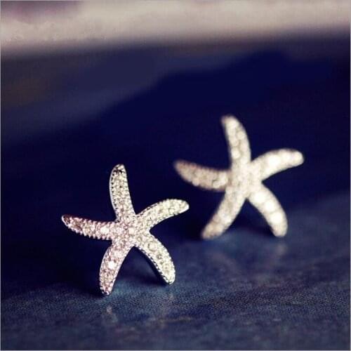 Cute Female White Crystal Seastar Earrings Real 925 Sterling Silver Wedding Earrings For Women Small Double Stud Earrings