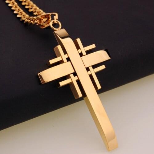 High Quality Mens Unisexs Pendant Necklace Stainless Steel Charming Gold Color Punk Fashion Cross Crucifix Jewelry Cuban Chain
