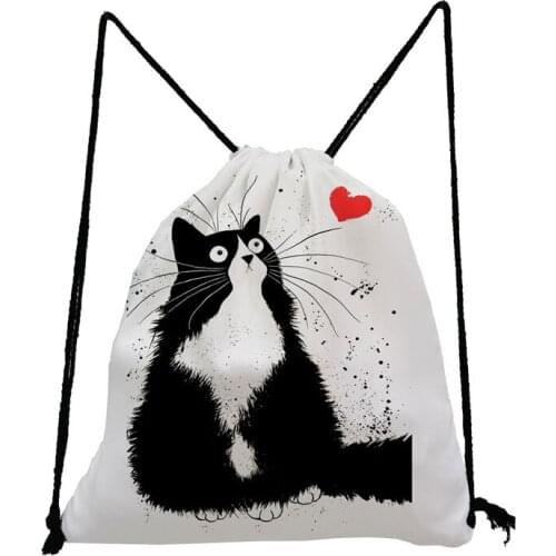 Cartoon Cute Black Cat Printed Drawstring Bag Unisex Backpack Reusable Women Storage Bag Child Book Bag Eco Friendly Shoe Pocket