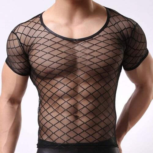 Sexy Mens Tshirts Fitness Super Thin O Neck Shapewear Transparent Mesh See Through Short Sleeve T shirt Tops Tees Undershirt