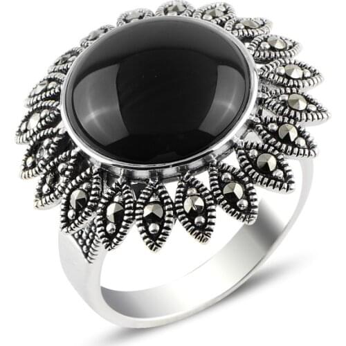Silver 925 Sterling Onyx & Marcasite Ring