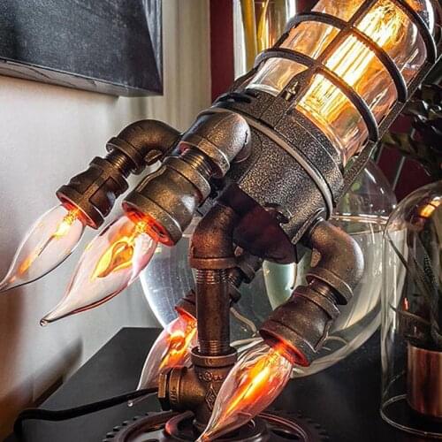 Led Rocket Night Light for Vintage Steampunk Rocket Table Lamp Flame Lights Bar Desktop Decor Ornaments Wall Light Lamp Gift