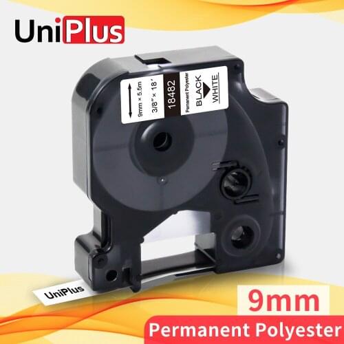 UniPlus 18482 Industrial Label Tapes Permanent Polyester Fit Dymo Rhino Pro Label Maker 4200 5200 9mm Cassette Black on White