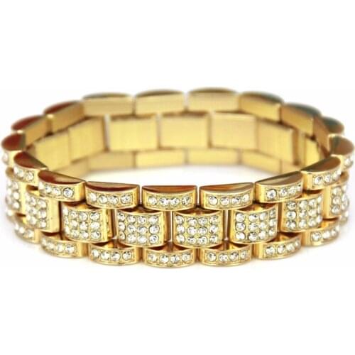 Hip Hop Full AAA CZ Stone Pave Bling Iced Out Rapper Bracelet Gold Silver Color Watch Band Link Chain Bracelets for Men Jewelry