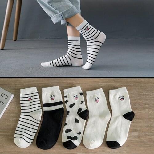 Cartoon cow print striped socks kawaii harajuku women cute korean japanese style funny sock calcetines mujer chaussette femme