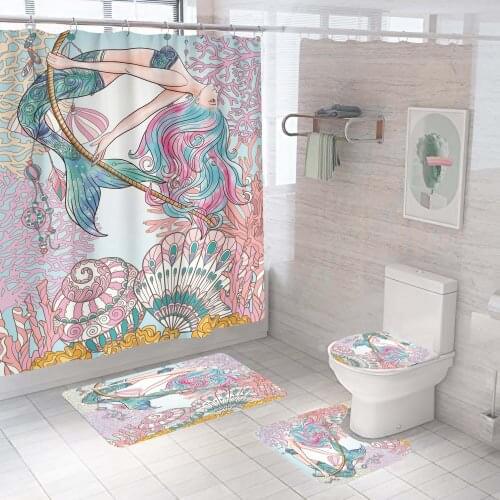 3D Print Mermaid Shower Curtain Set Beauty Bathroom Waterproof Blue Bath Curtain Color Washable Curtains With Hooks