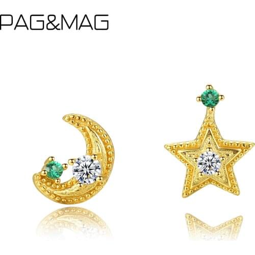 PAG&MAG Authentic 925 Sterling Silver Moon Star CZ Stud Earrings For Women 18K Gold Plated Earrings Statement Fine Jewelry