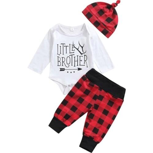 Pudcoco 0-18M 3Pcs Letter Print Long Sleeve Casual O-Neck Romper Bodysuit Tops+Red Plaid Pants Trousers+Hat Clothes Sets