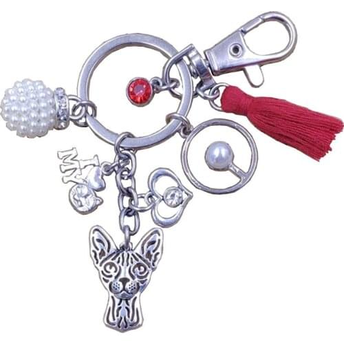 Persian Bengal Sphynx Cat Lynx Animal Keychain Key Ring Pet Tassels Vintage Silver Color Bohemian Women Men Jewelry Gift