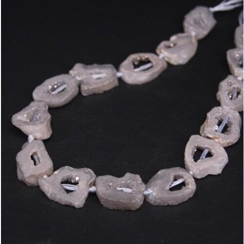 12-17pcs/strand Silvers Gray Natural Agates Geode Drusy Slab Beads,Raw Crystal Quartz Druzy Slice Nugget Pendants Jewelry Making