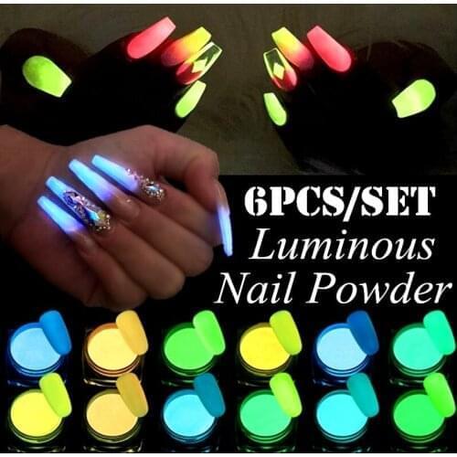 6pc Fluorescent Nail Powder Neon Phosphor Colorful Nail Art Glitter Pigment Longest Lasting 3D Glow Luminous Dust Decorations