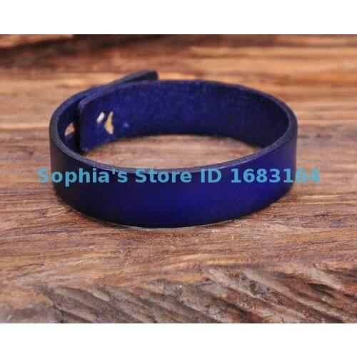 G144 Blue Cute Retro Buttons Handmade Plain Leather Wristband Bracelet Cuff Mens