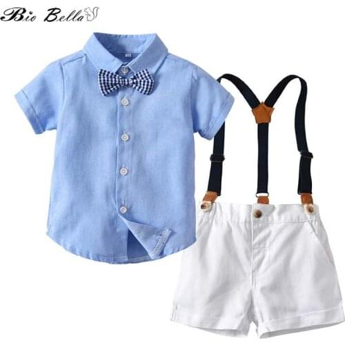Summer 2PCS Toddler Baby Boy Blue Shirt Tops+White Shorts Overalls Bow Decor Outfits Clothes Gentleman Set
