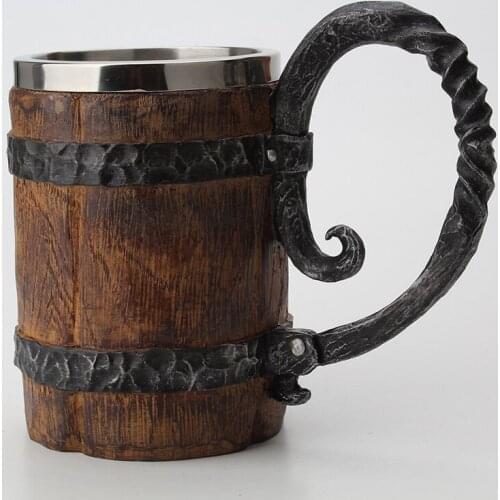 Large-capacity simulation wooden mug, stainless steel liner mug, large handle large wooden barrel water mug