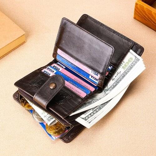 Crazy Horse cowhide multi-functional mens wallet genuine leather RFID buckle casual wallet Short Purse Card Holder