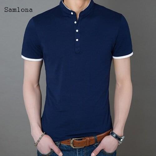 Samlona 2020 New Short Sleeved Polo Mens Solid Color Stand Collar Half Sleeved Polo Shirt Trend Casual Summer Slim Mens 4XL