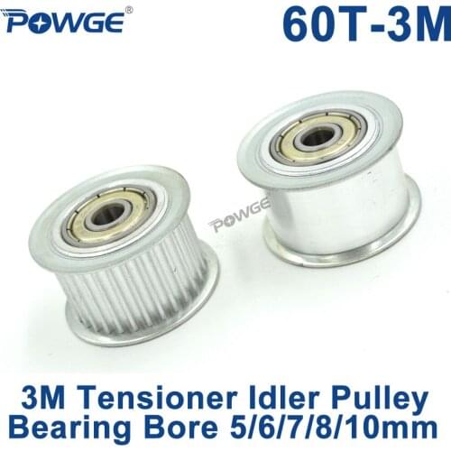 POWGE 60 Teeth 3M Idler Pulley Tensioner Wheel Bore 5/6/7/8/10mm with Bearing Guide 3M synchronous pulley Gear HTD3M 60T 60teeth