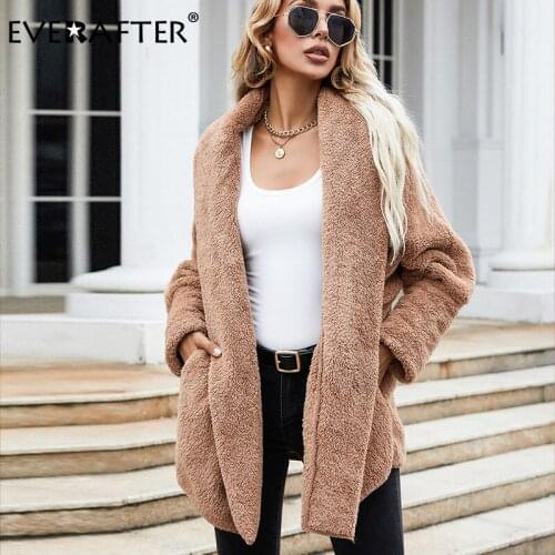 EVERAFTER Warm Winter Faux Fur Coat Women Fashion Streetwear Solid Long Coat Female 2021 Pocket Brown Casual Autumn Outerwear