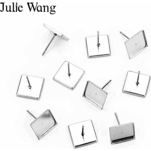 Julie Wang 50PCS Stainless Steel 10mm Square Stud Earring Cabochon Base Settings Blank Tray Earrings Jewelry Making Accessory