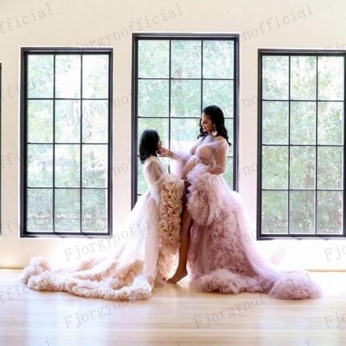 Light Pink Puffy Sleeve Sheer Tulle Mother and Daughter Photo Robe de soirée de mariage femme Maternity Dresses 2021 New Arrival