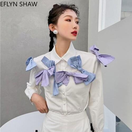 Chic Designed Women Shirt Ladies Fashion Contrast Bowties White Blouse 2021 Spring New Buttons Down Short Tops Trendy Blusas
