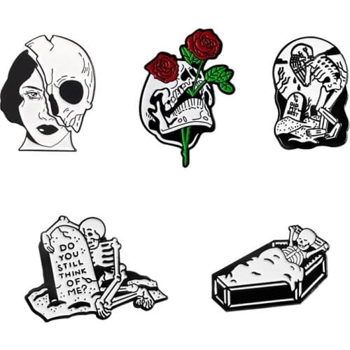Woman Cool Jewelry Skull Face Enamel Pin Rose Lovers Coffin Badge Brooch Lapel Pins Denim Jeans Shirt Bag Punk