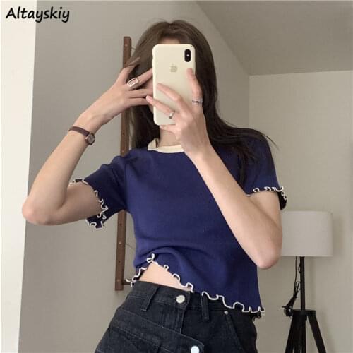 T-shirts Women Skinny Slim Solid Edible Tree Fungus Korean Style Female Crop Tops Clubwear Casual All-match Summer Fit O-neck
