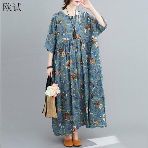 Oversized Floral Print Summer Beach Dress Cotton Long Ladies Dresse for Women Robe Femme Print Boho New Fashion Flower Dress