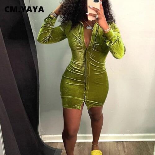 CM.YAYA Women Mini Dress Solid Velvet Single Breasted Bodycon Vestidos Female Sexy Night Club Party Dresses Fashion Outfit Fall