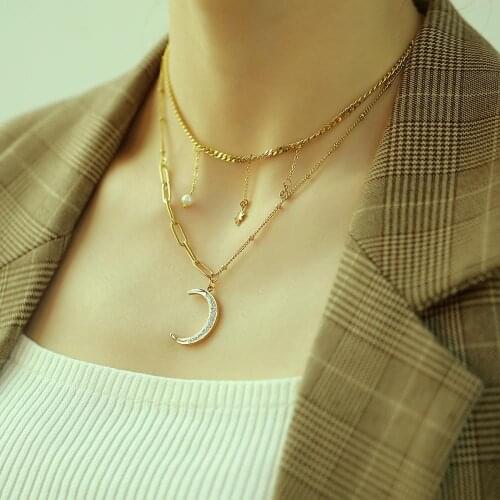 2020 Fashion Star Moon Zircon Pendant Layered Necklaces For Women Gold Color Stainless Steel Asymmetry Jewelry Womens Necklaces
