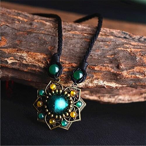 Bohemian Ethnic Necklace Tibet Vintage Stone Bead Maxi Pendant Necklace Women Accessories Clothe Sweater Chain Rope Boho Jewelry