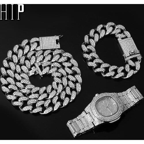 Hip Hop 3pcs/kit 20MM Full Iced Out Paved Rhinestones Miami Curb Cuban Chain CZ Bling Rapper Necklaces For Men Jewelry