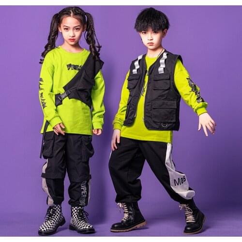 Kids Ballroom Hip Hop Clothing Sweatshirt Tops Streetwear Tactical Cargo dancing Pants for Girls Boys Dance Costume Clothes