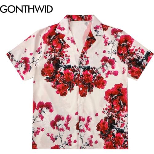 GONTHWID Hawaiian Beach Shirts Streetwear Rose Flowers Print Short Sleeve Shirt Fashion Casual Harajuku Hip Hop Holiday Tops