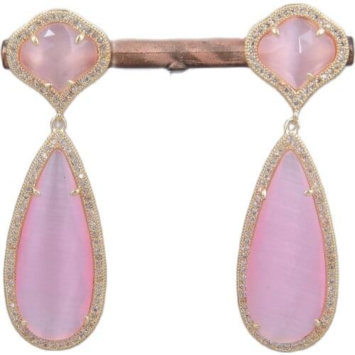 GG Jewelry Natural Gold Color Plated CZ Flower Pink Cats eye Leverback Earrings Cute For Women Lady Girl Gift Jewelry