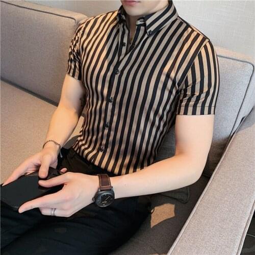 Mens Striped Short Sleeve Shirt Summer New Classic Light Luxury Texture SLIM KHAKI Office A Formal Occasions Fashion 2021