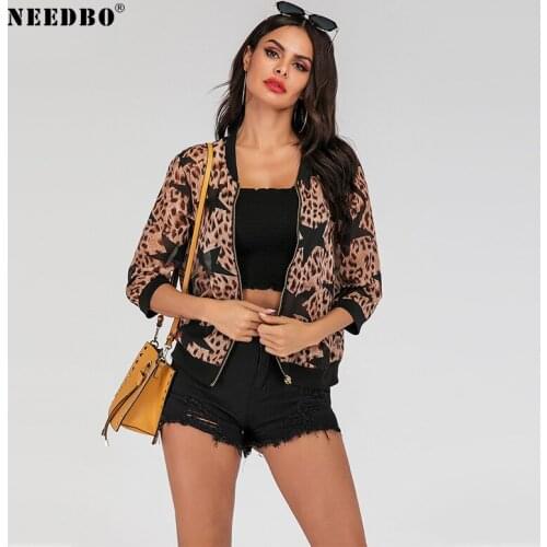 NEEDBO Jacket Woman New Arrival Spring Autumn Jackets Print Leopard Female Coat Casual Slim Stand Collar Bomber Biker Jackets
