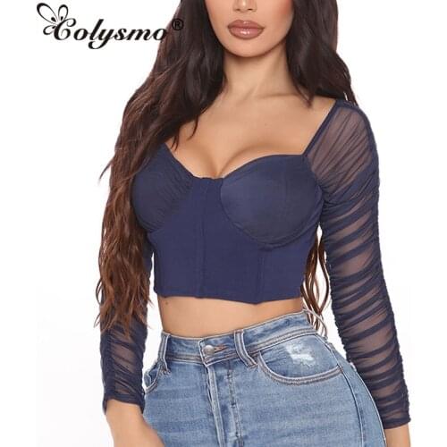 NewAsia Ruched Crop Top Pads Mesh Corset Shirt Elastic Hollow out White Blouse Sexy See Through Long Sleeve Women Casual Tops