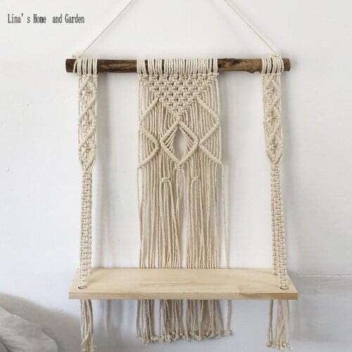 Single tier decorative organization wood and cotton rope handmade wall hanging shelf