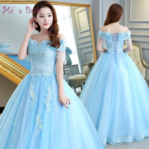 Hes Bride Boat Neck Floor-Length Ball Gown Lace Tulle blue wedding dress Custom plus size vestido de novia Quinceanera Dresses