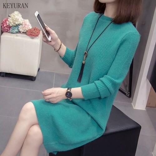 Autumn Winter Knitted Dress Women O-neck Long Sleeve Loose Solid Oversize Bottoming Pullovers Sweater Dress
