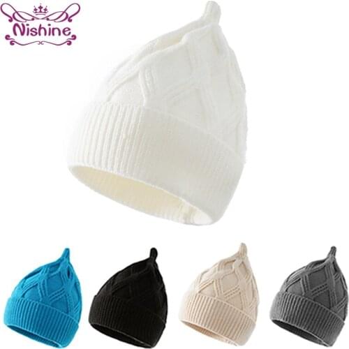 Nishine Autumn and Winter Fashion Warm Knitting Wool Caps Solid Color Handmade Crochet Striped Hats Baby Headwear Birthday Gifts