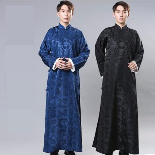 BALDAUREN Mens Republic Of China Style Mens Chinese Style Groomsmen Dress Robe Mantle Stand-Up Collar Gown Male Comic Sketch