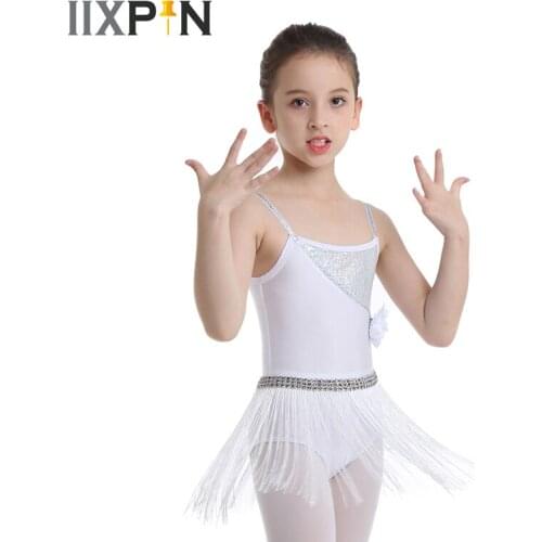 IIXPIN Kids Girls latin dance Dress shiny Elastic Shoulder Straps Sequined Rumba Salsa Tango Dance Leotards Dress with Tassels