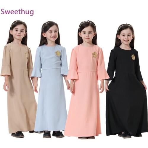 Muslim Girl Abaya Maxi Dress Flare Sleeve Lace-up Sweet Long Robe Gowns Girls Ramadan Arab Islamic Cute Party Princess Dresses