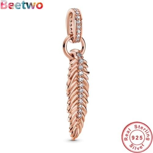 Fit Pandora Original Bracelet Charm 925 Sterling Silver Rose Gold Leaf Dangle Charm Pendant DIY Jewelry Berloque