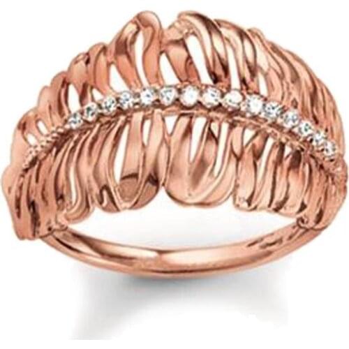 Rose Gold Color White Zircon Open-end Adjustable Feather Rings Fashion Thomas Style Glam Eternity Ring Jewelry Ts Gift for Women